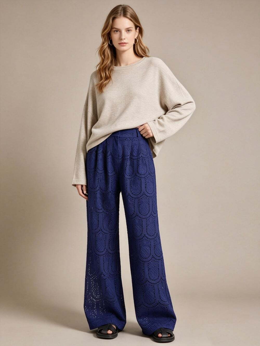 NWOT FARM Rio Embroidery Pineapple Eyelet High Waist Wide Leg Pants Size L